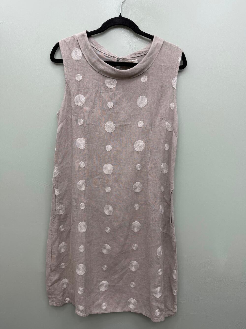 Lina Tomei Italy 100% Linen Polka Dot Pocket Shift Dress Medium
